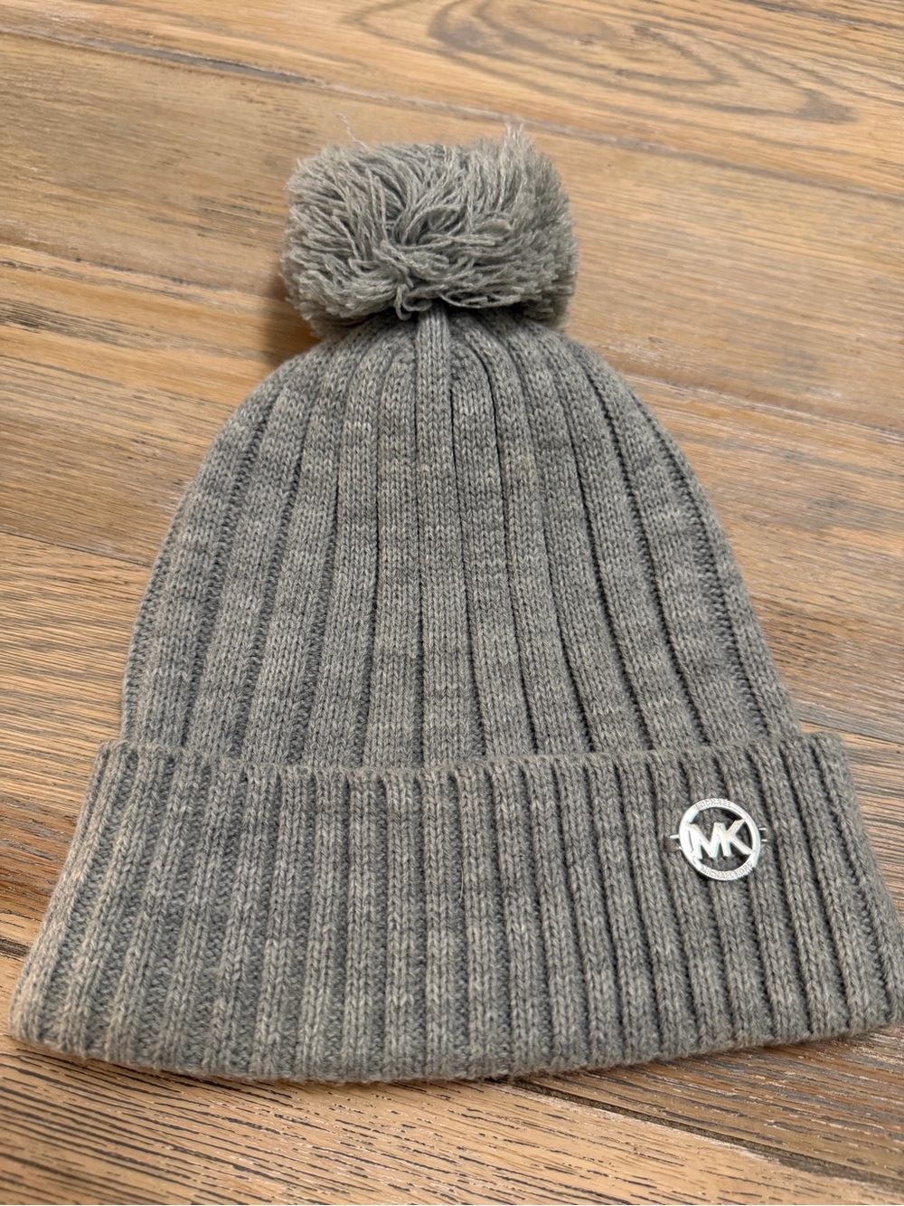 Michael Kors Ribbed Knit Beanie with Pom in Gray